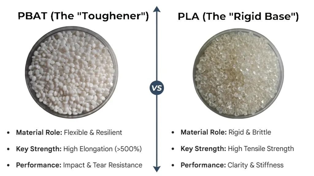 Visual and mechanical differentiation between PBAT (The Toughener) and PLA (The Rigid Base). While PBAT excels in elasticity and impact resistance, PLA provides the necessary structural stiffness and clarity for biopolymer blends.