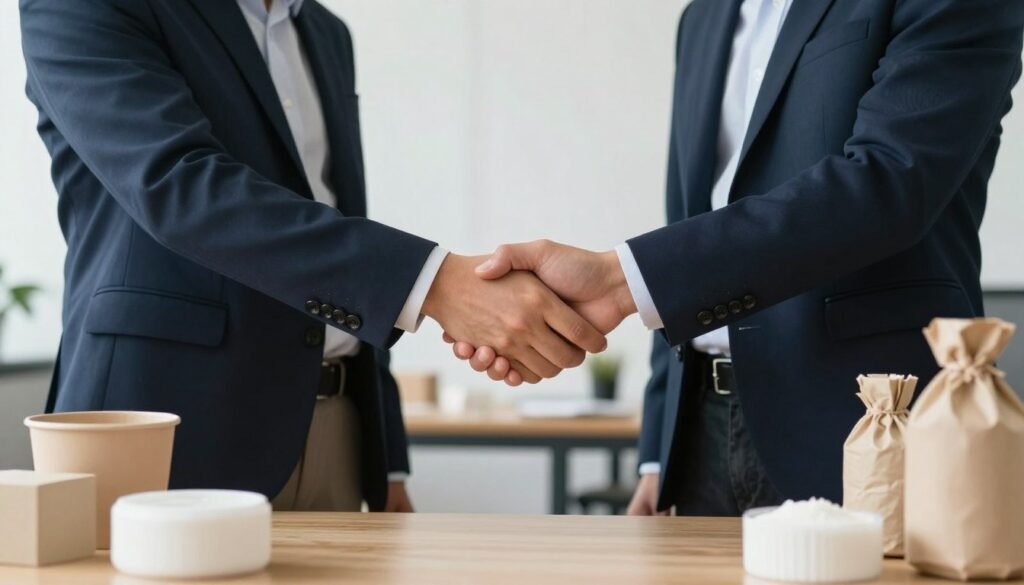 Partnership handshake biodegradable plastics supplier and manufacturer