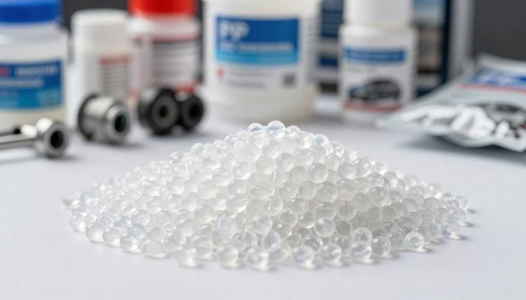Polypropylene (PP) plastic pellets and manufactured products showcasing material versatility