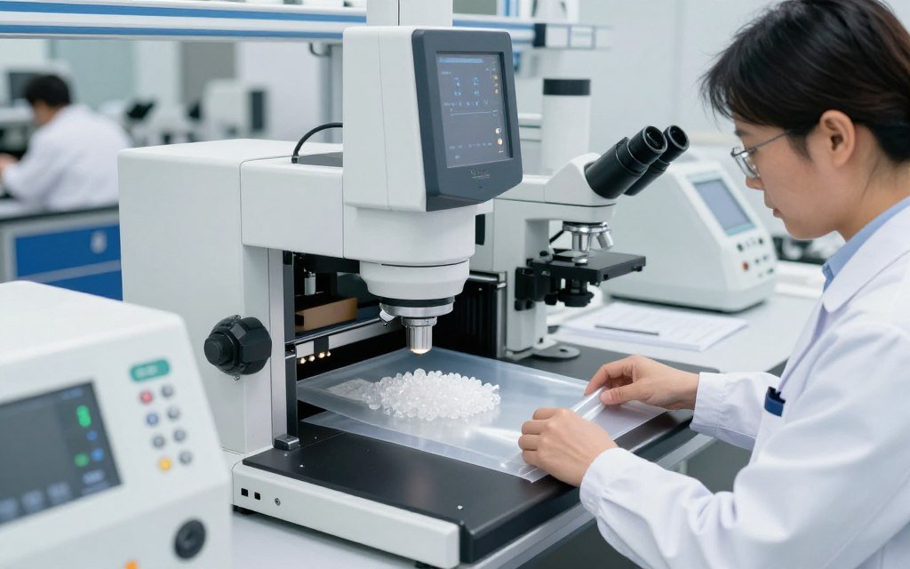 Quality inspection of bioplastic materials in modern manufacturing facility with testing equipment