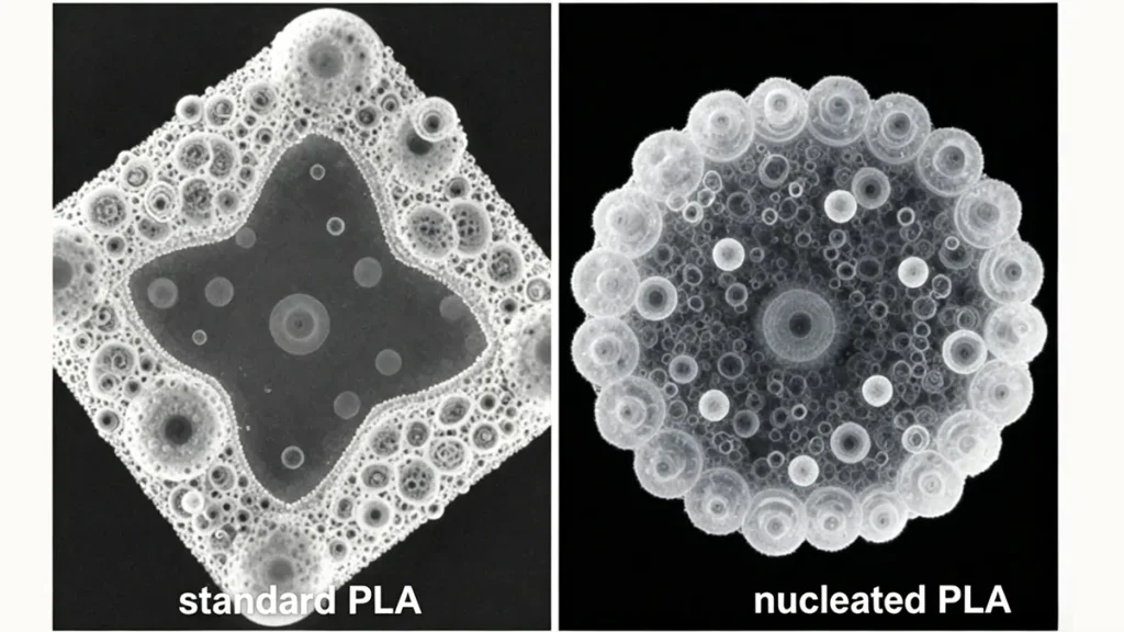 structure of standard PLA vs nucleated PLA shown in SEM micrographs. The standard PLA has a diamond-like shape while the nucleated PLA is circular. Text 'standard PLA' and 'nucleated PLA' is at the bottom.