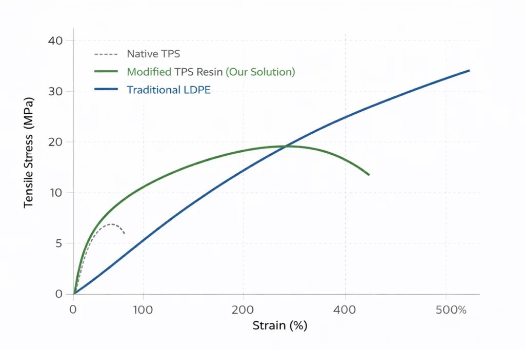 Tensile Stress-Strain Curves for Native TPS, Modified TPS Resin, and Traditional LDPE