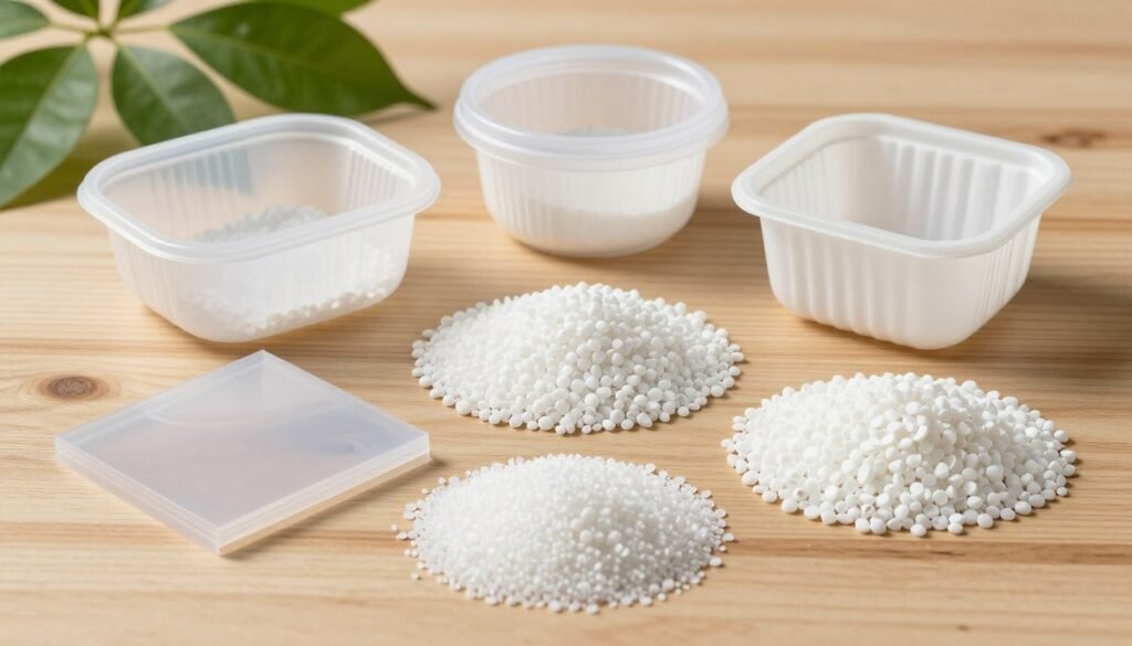 Various bioplastic materials and products displayed on natural background showcasing sustainable packaging alternatives