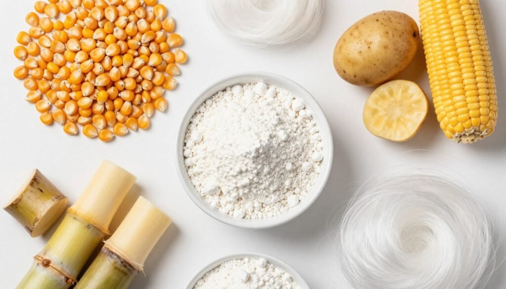 raw materials for biodegradable plastics including corn starch and plant fibers