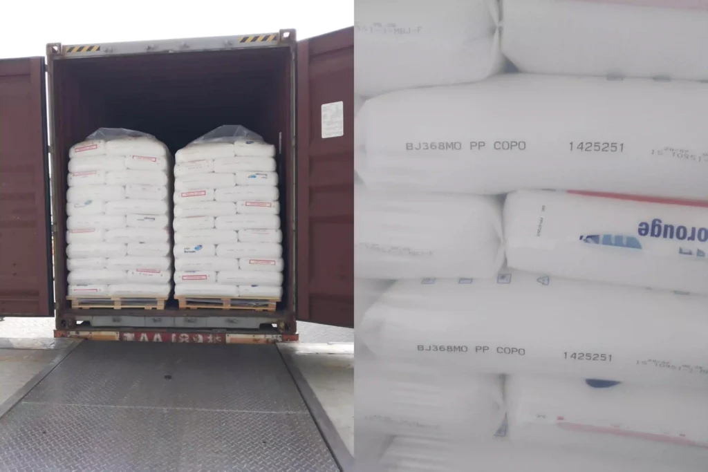 Side-by-side view of Borealis BJ368MO polypropylene copolymer bags with batch details and palletized cargo inside a shipping container.