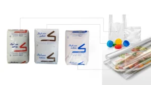 On the left, three bags of SABIC polyethylene resins (LLDPE, LDPE, and HDPE) are displayed, connected by routing lines to their respective finished products on the right: high-clarity food packaging film, injection-molded bottle caps, and strong plastic t-shirt bags.