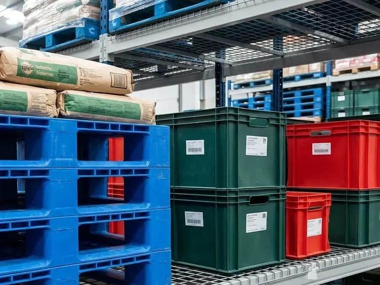 Industrial warehouse shelving holding blue plastic pallets and stacked green and red polypropylene storage crates.