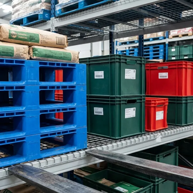 Industrial warehouse shelving holding blue plastic pallets and stacked green and red polypropylene storage crates.