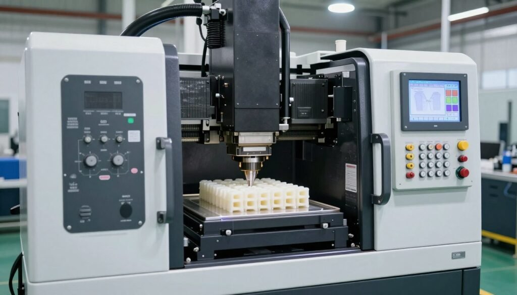 Injection molding machine producing parts from SABIC HDPE with parameter controls visible