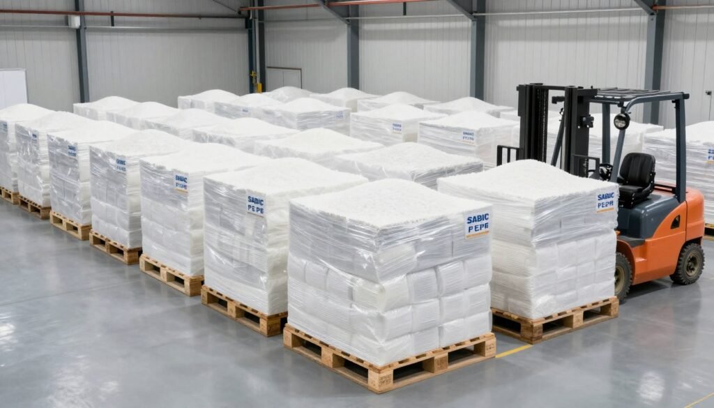 Modern warehouse facility storing SABIC PE grades with organized inventory management