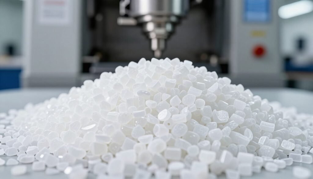 Polyplastics Duranex PBT resin pellets close-up with manufacturing equipment background