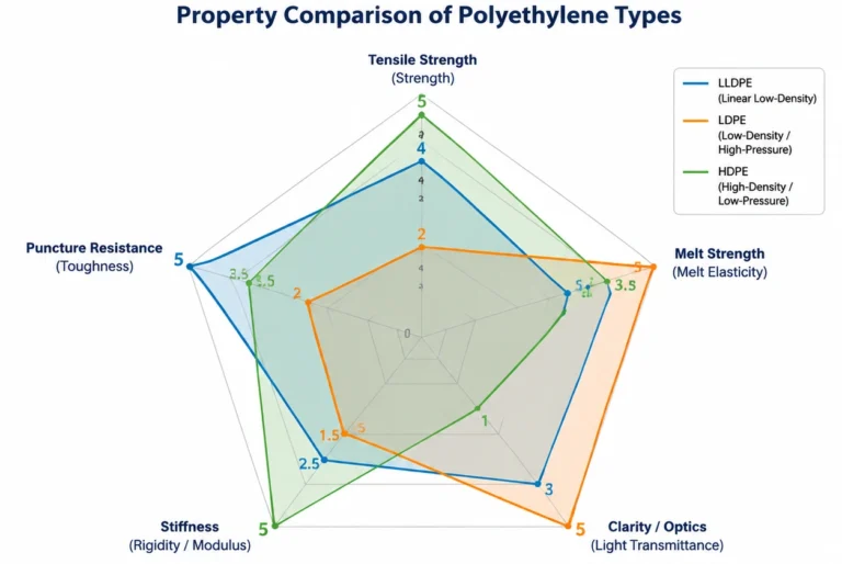 comparing tensile strength, melt strength, clarity, stiffness, and puncture resistance of LLDPE, LDPE, and HDPE