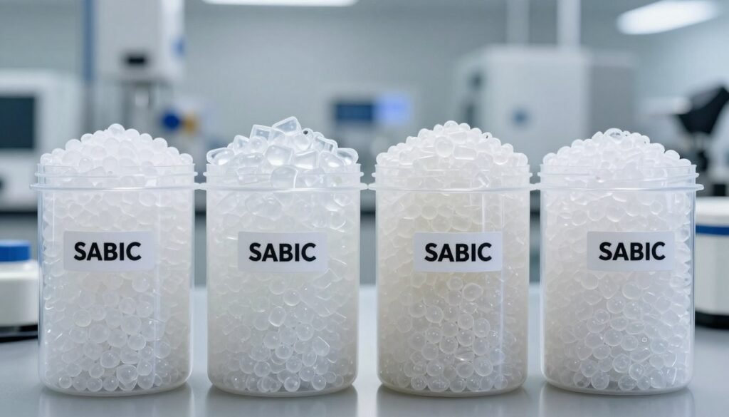 SABIC PE grades polymer pellets in various densities displayed in industrial containers
