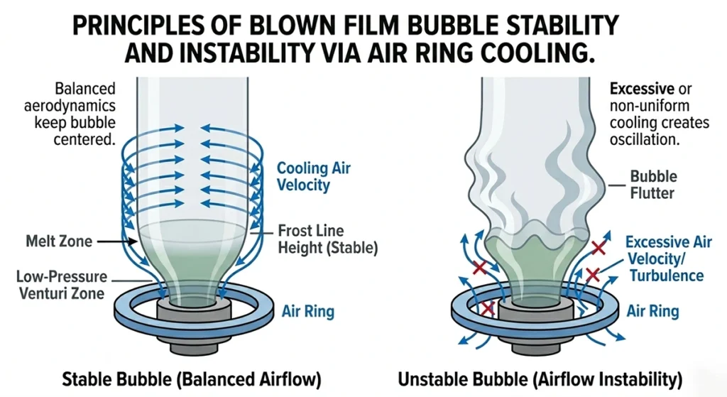 Process Schematic Comparing Stable Blown Film Bubble vs Unstable Bubble Flutter and Turbulence
