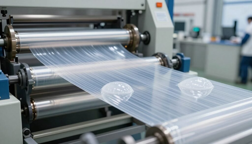 Transparent polyethylene film production showing SABIC LLDPE grades in manufacturing process
