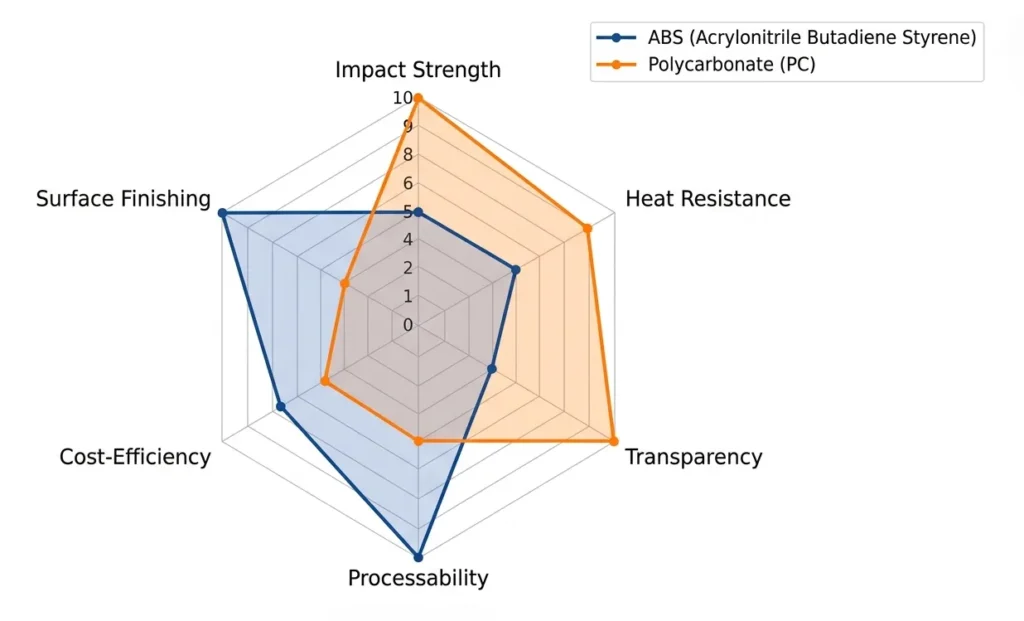 comparing ABS granules and Polycarbonate PC resin properties including impact strength, heat resistance, cost, and processability for injection molding.