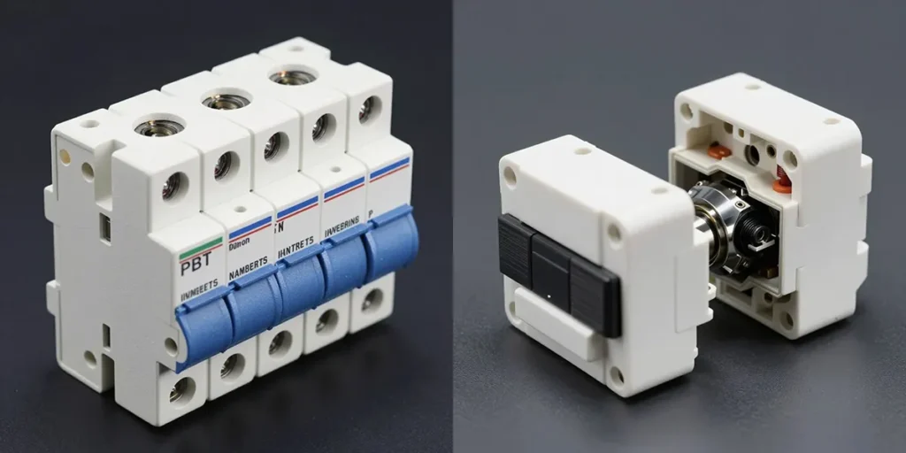 High-performance Duranex® PBT resin components for electrical connectors and intricate bobbins, demonstrating dimensional stability and heat resistance.