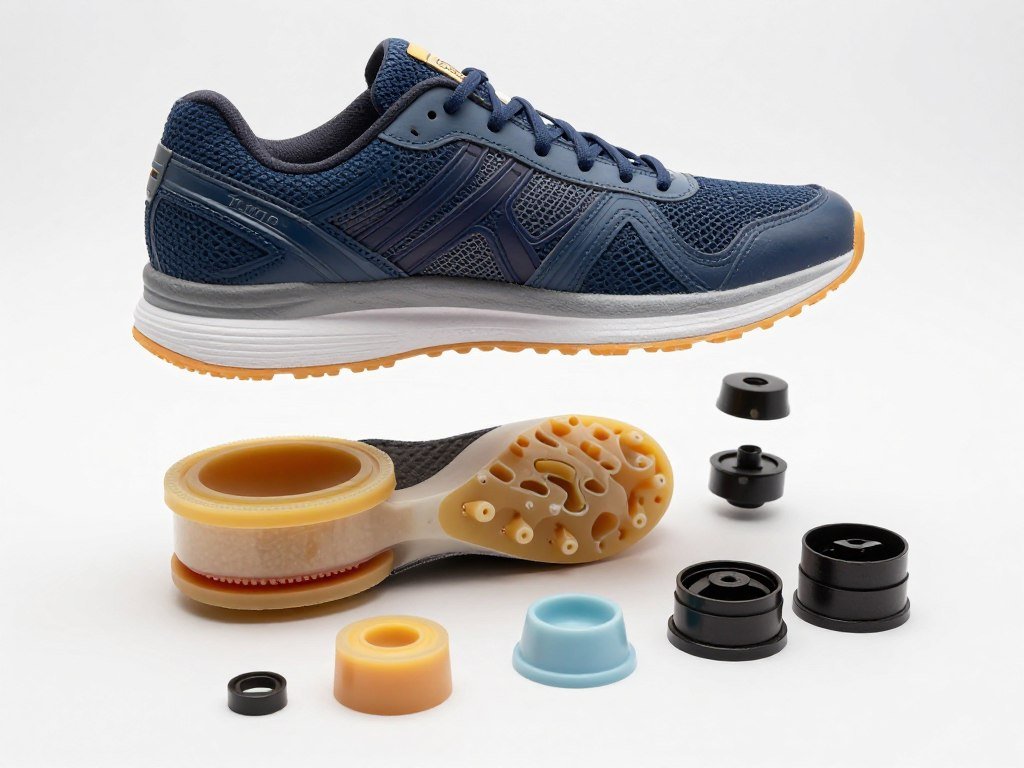 Athletic footwear components made from thermoplastic polyurethane showing flexibility and durability