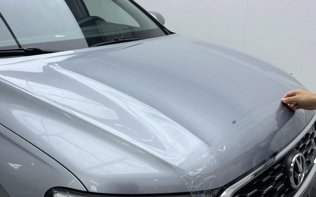 Automotive TPU paint protection film installation showing clarity and protection properties