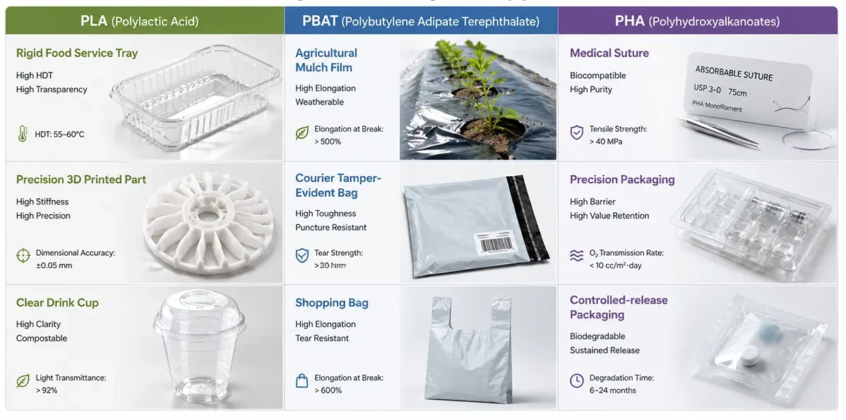 Sustainable Plastic Alternatives: Performance Metrics and Applications for PLA, PBAT, and PHA