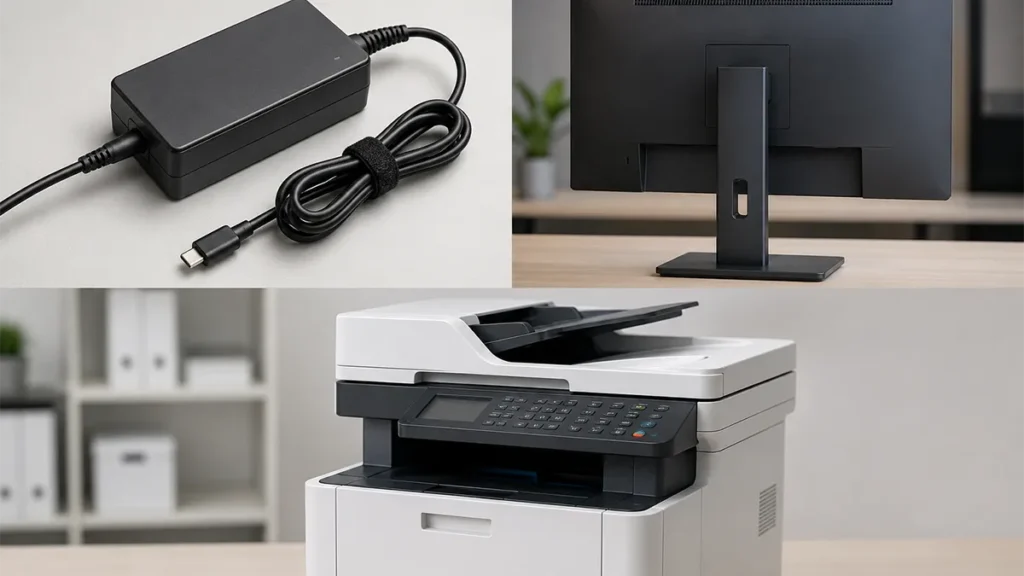 Flame-retardant CHIMEI POLYLAC ABS plastic applications, showcasing a laptop power adapter, computer monitor back housing, and an office multifunction printer.