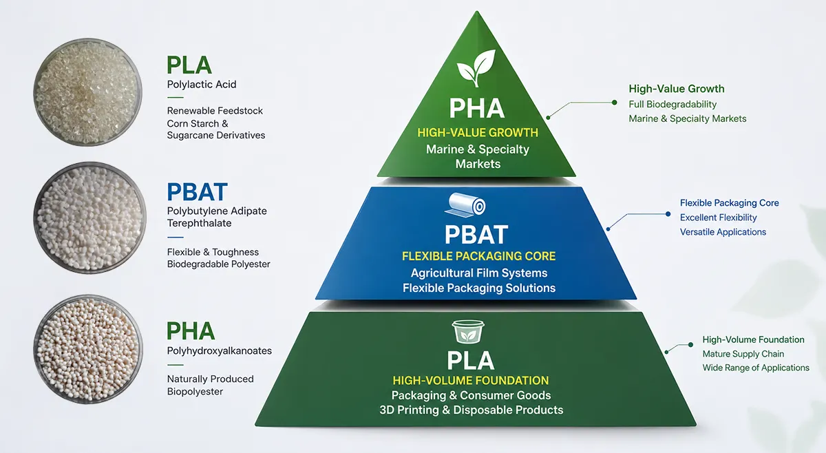 showing PLA, PBAT, and PHA biodegradable plastic pellets alongside a market positioning pyramid illustrating PLA as the high-volume foundation, PBAT as the flexible packaging core, and PHA as the high-value growth material.