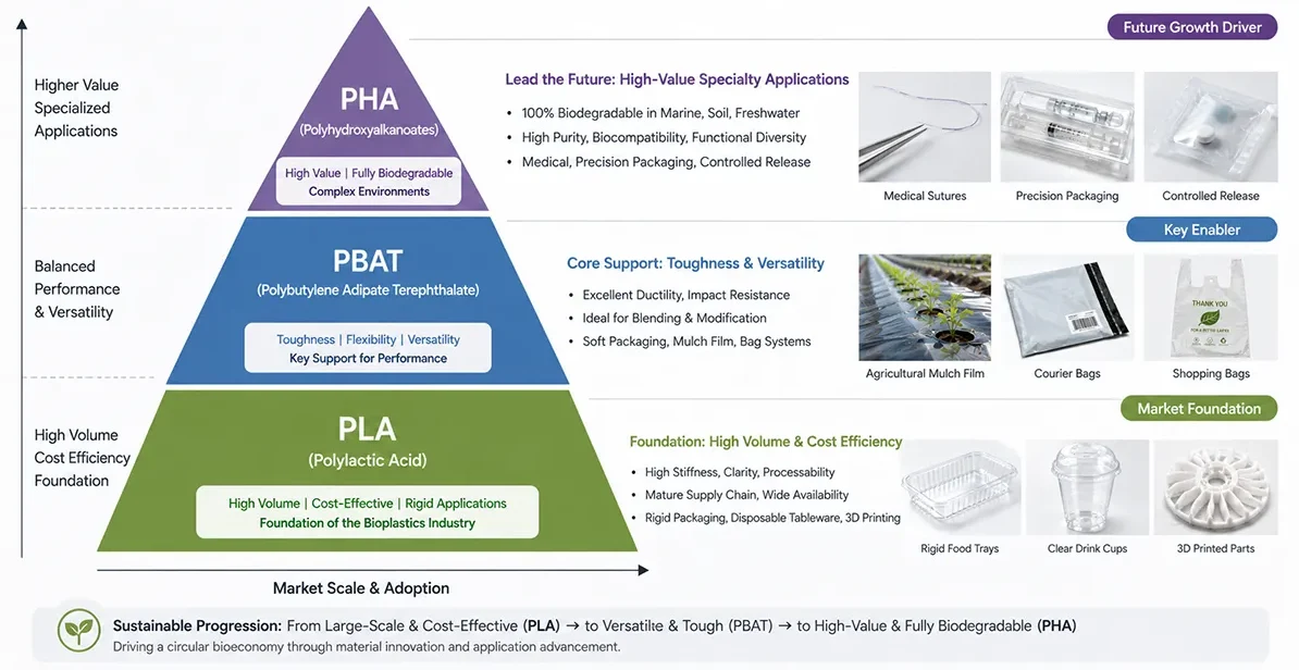 Strategic Evolution and Value Hierarchy Diagram of PLA, PBAT, and PHA