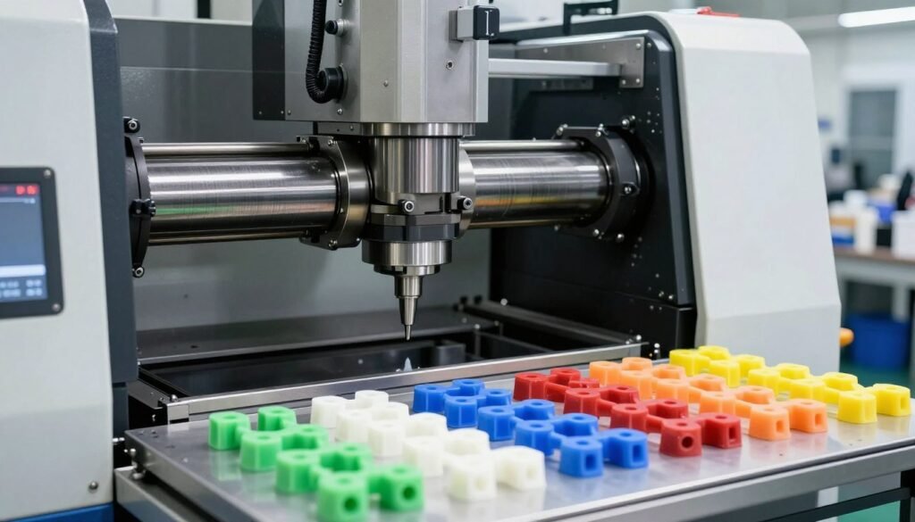 Injection molding machine processing TPU material with finished parts