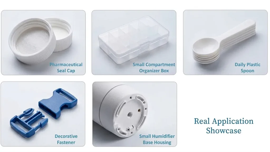 Common real-world product applications manufactured using Polyethylene (PE) injection molding processes.