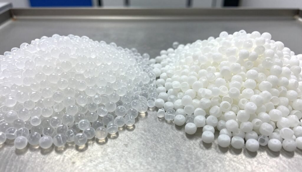 Polyethylene vs Polypropylene plastic pellets comparison showing distinct characteristics of both materials