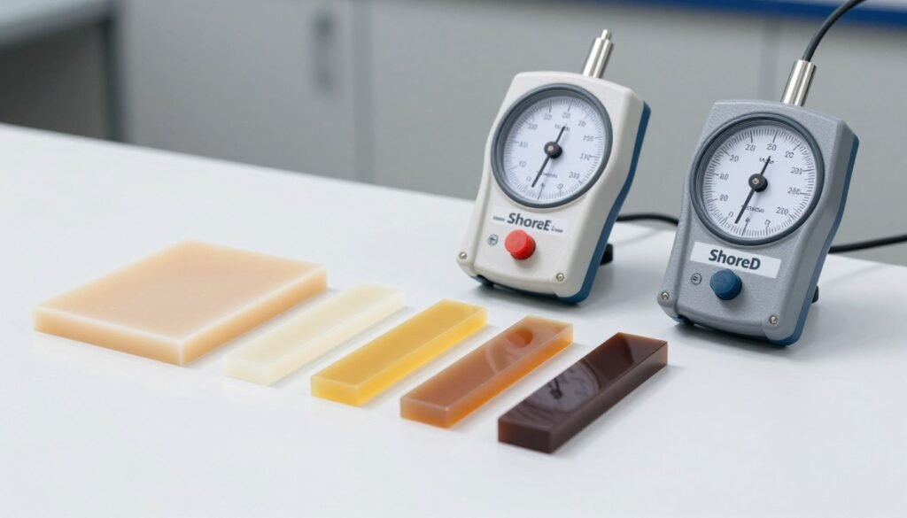 Shore hardness durometer testing TPU samples of different grades