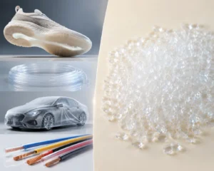 Diverse TPU applications including shoe soles, medical tubing, automotive covers, and cables alongside transparent TPU resin pellets.