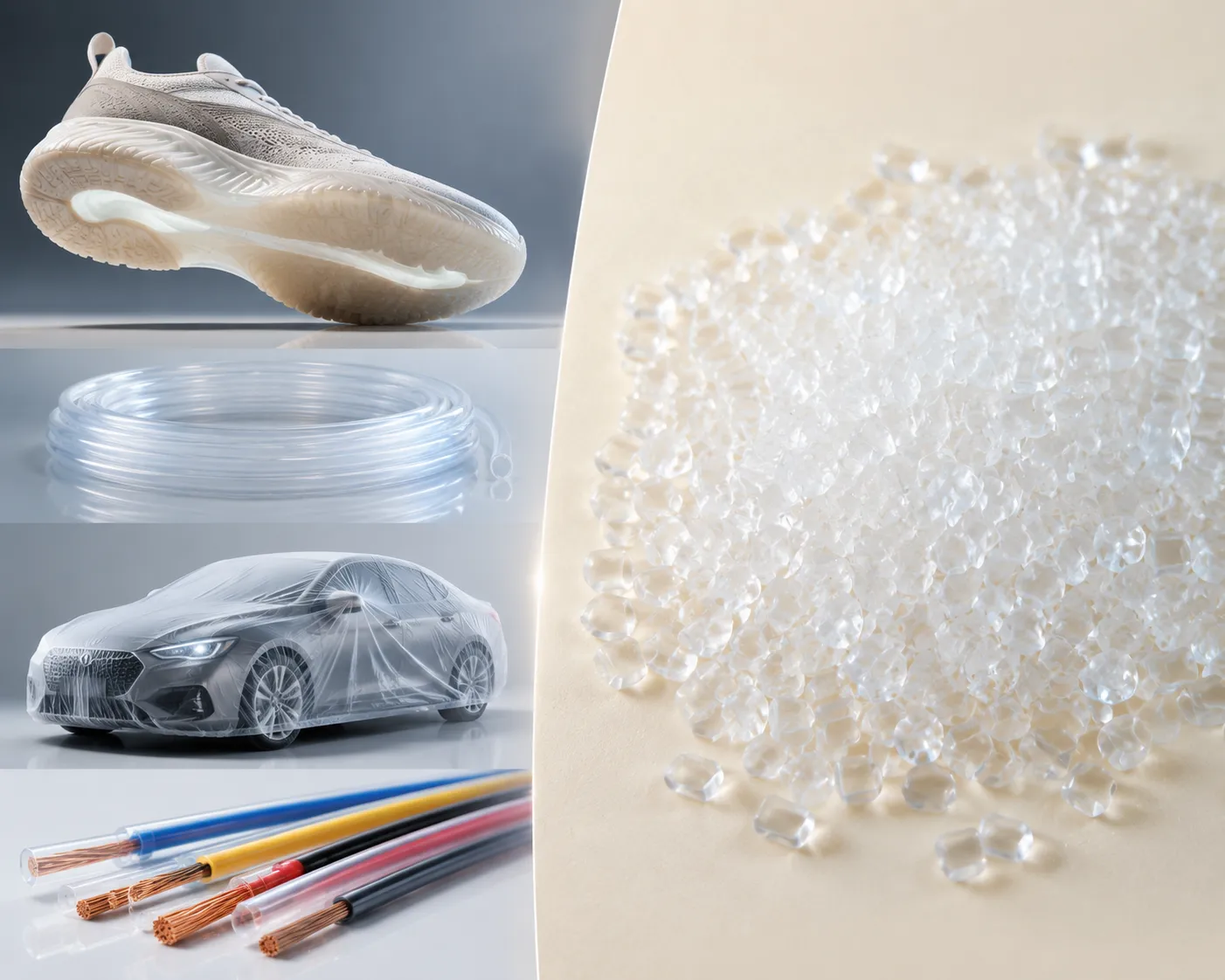 Diverse TPU applications including shoe soles, medical tubing, automotive covers, and cables alongside transparent TPU resin pellets.
