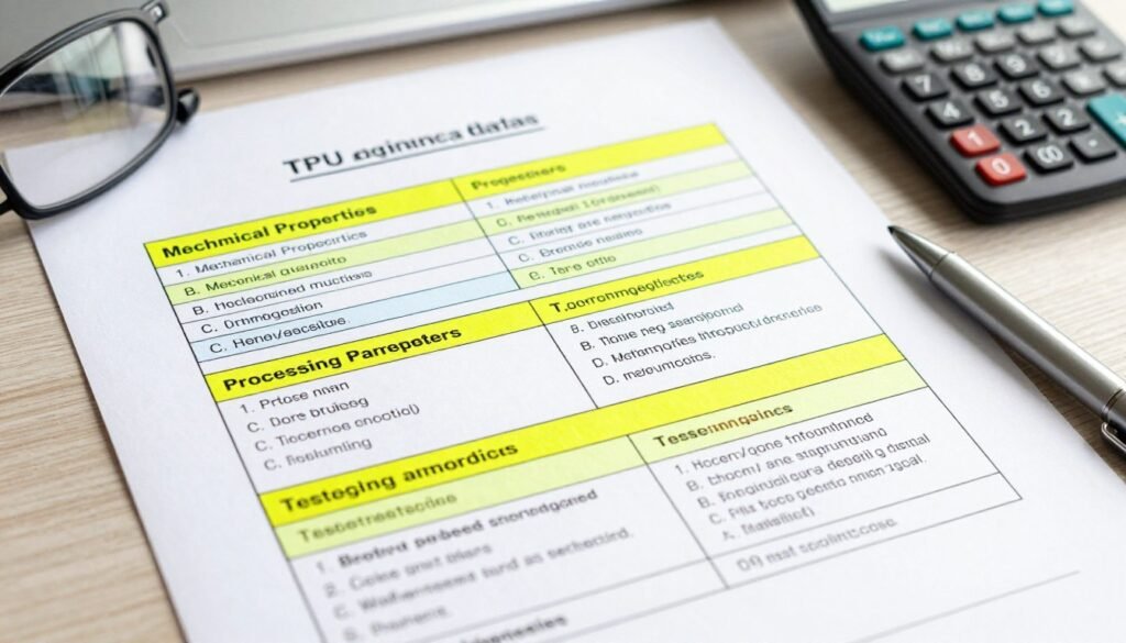 Technical data sheet for TPU material with highlighted critical parameters