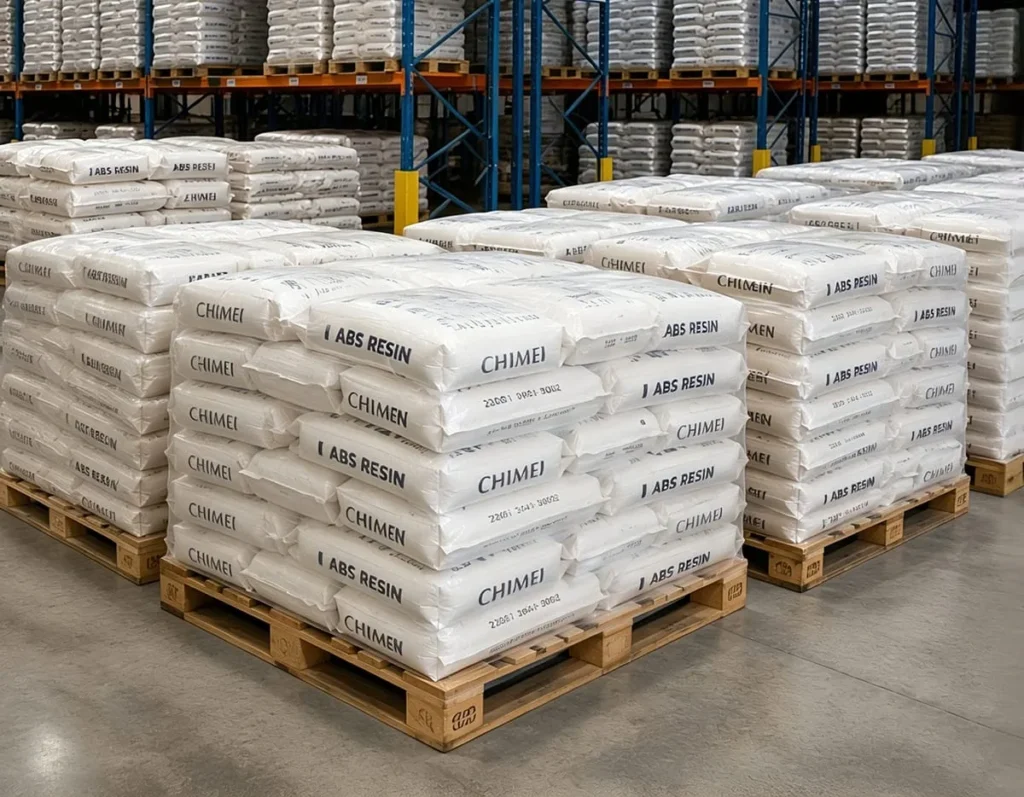 Stacks of CHIMEI ABS resin bags neatly arranged on wooden pallets in a warehouse