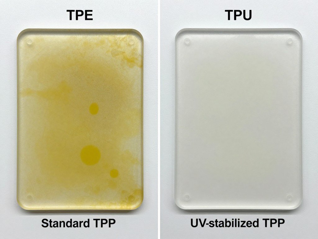 Weathering test comparison showing standard TPU versus UV-stabilized TPU after outdoor exposure