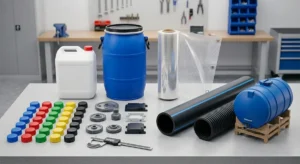 Polyethylene application samples including injection molded caps, blow molded jerrycans, extruded films, HDPE pipes, and a rotomolded water tank model