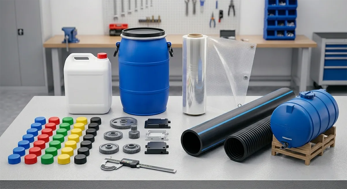Polyethylene application samples including injection molded caps, blow molded jerrycans, extruded films, HDPE pipes, and a rotomolded water tank model
