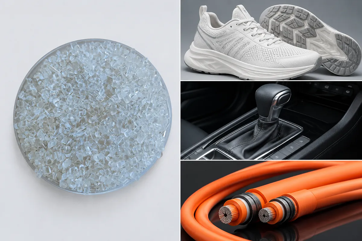 Transparent TPU granules alongside its applications in sports shoe midsoles, automotive gear shift boots, and high-voltage cable jacketing.