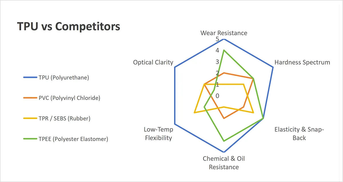 A comprehensive performance radar chart comparing TPU with PVC, TPR/SEBS, and TPEE across key properties like wear resistance, hardness spectrum, and low-temp flexibility.