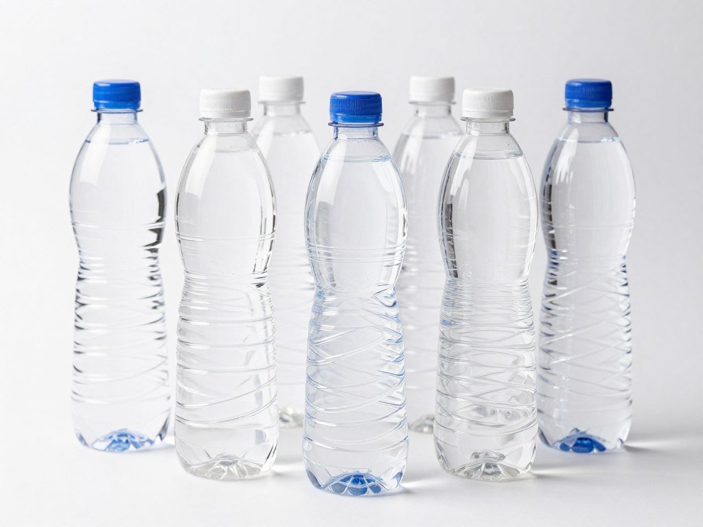 Clear PET plastic bottles demonstrating material transparency