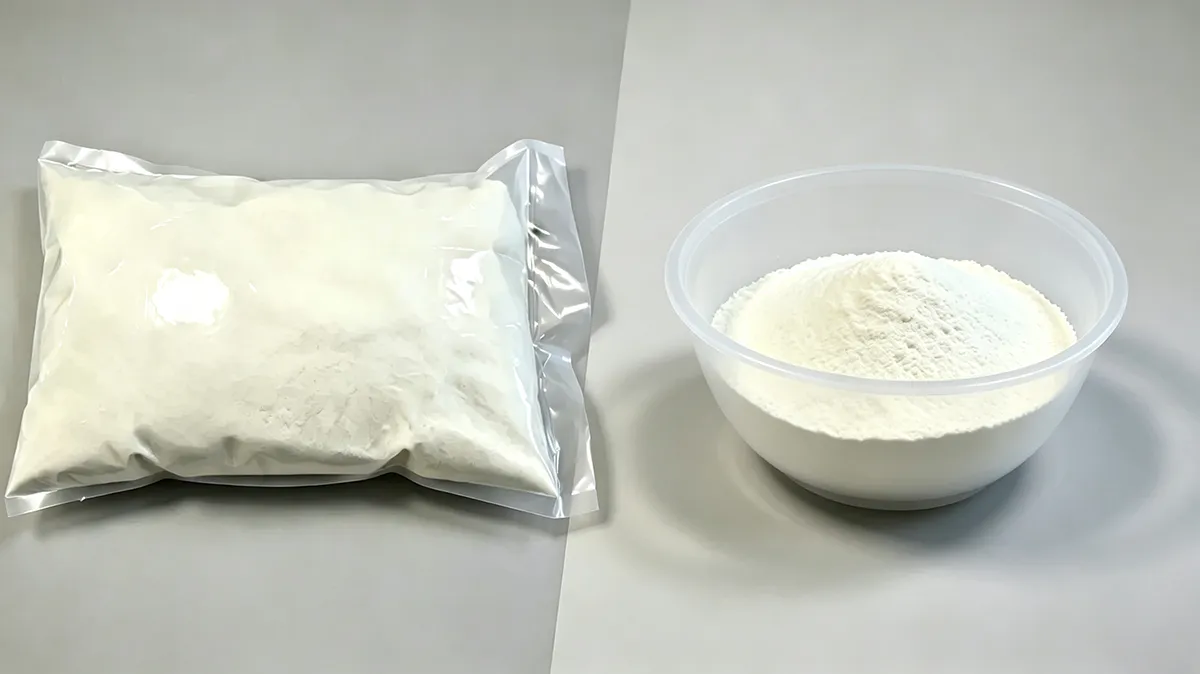 PGA temporary plugging powder in a clear vacuum-sealed bag next to a translucent bowl filled with the same fine degradation powder for oilfield fracturing operations.