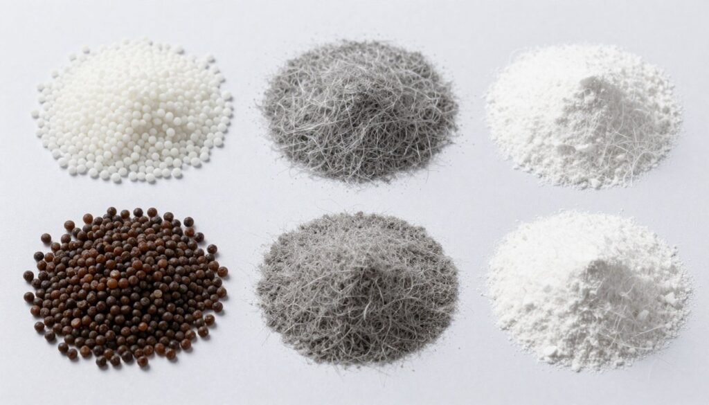 Different grades of PGA resin pellets and fibers showing variety of forms