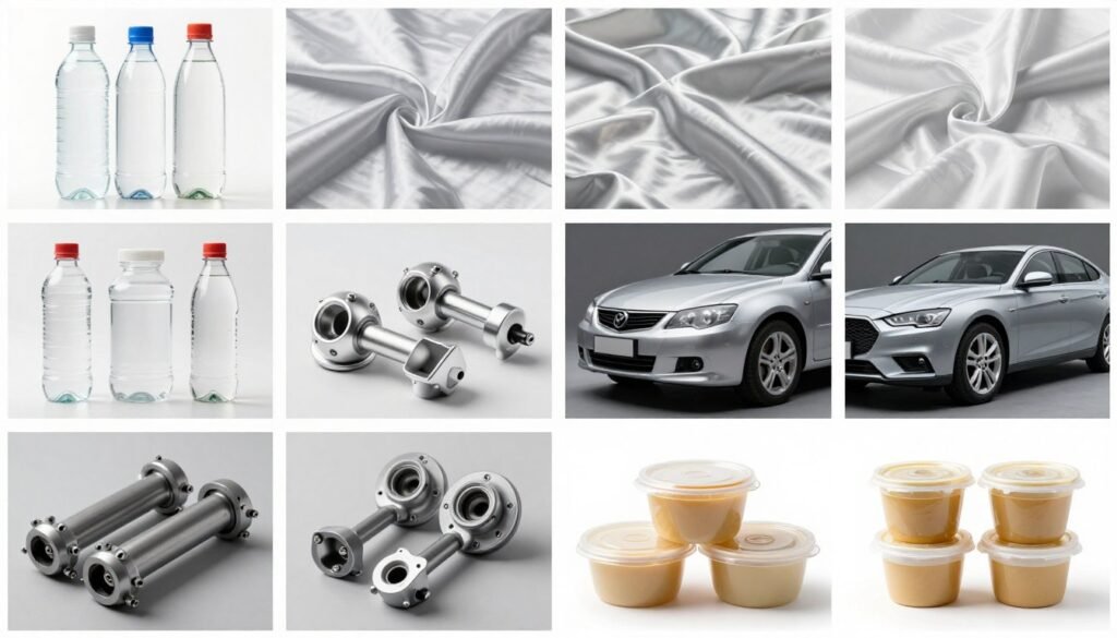 Diverse PET applications including bottles, textiles, and parts