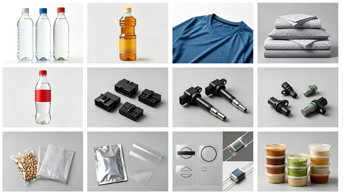 Diverse polyethylene terephthalate applications including bottles, textiles, and parts