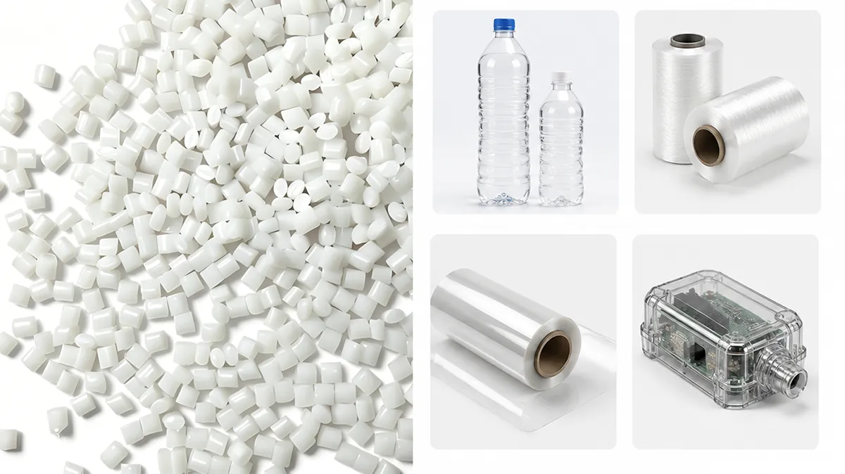PET pellets on the left and four examples of its typical applications on the right: plastic bottles, fiber filament, transparent film, and a sensor housing.
