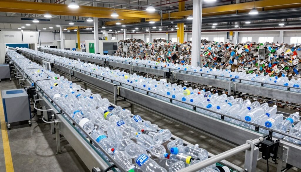 PET recycling facility sorting plastic bottles