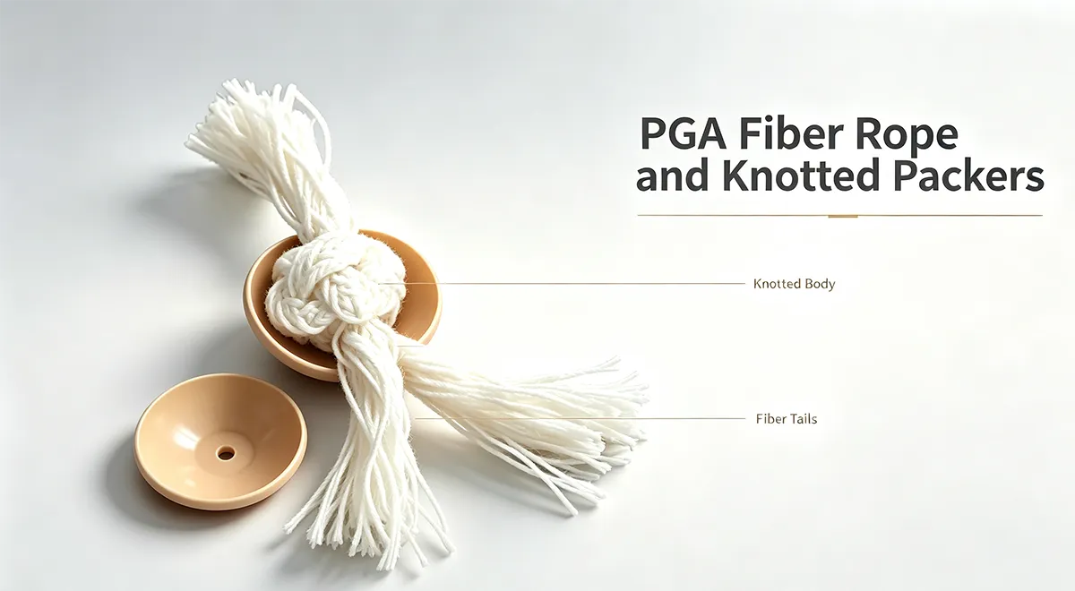 PGA fiber rope and knotted packers on a clean background, labeled with "Knotted Body" and "Fiber Tails".