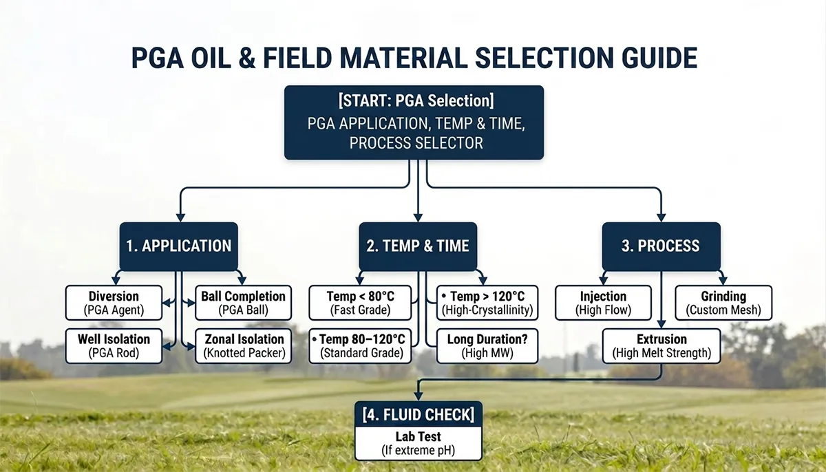 Decision tree flowchart for selecting the optimal PGA material grade and product form based on downhole operating conditions and manufacturing requirements.