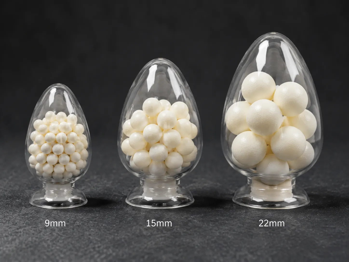PGA temporary plugging balls in different sizes labeled 9mm, 15mm, and 22mm.